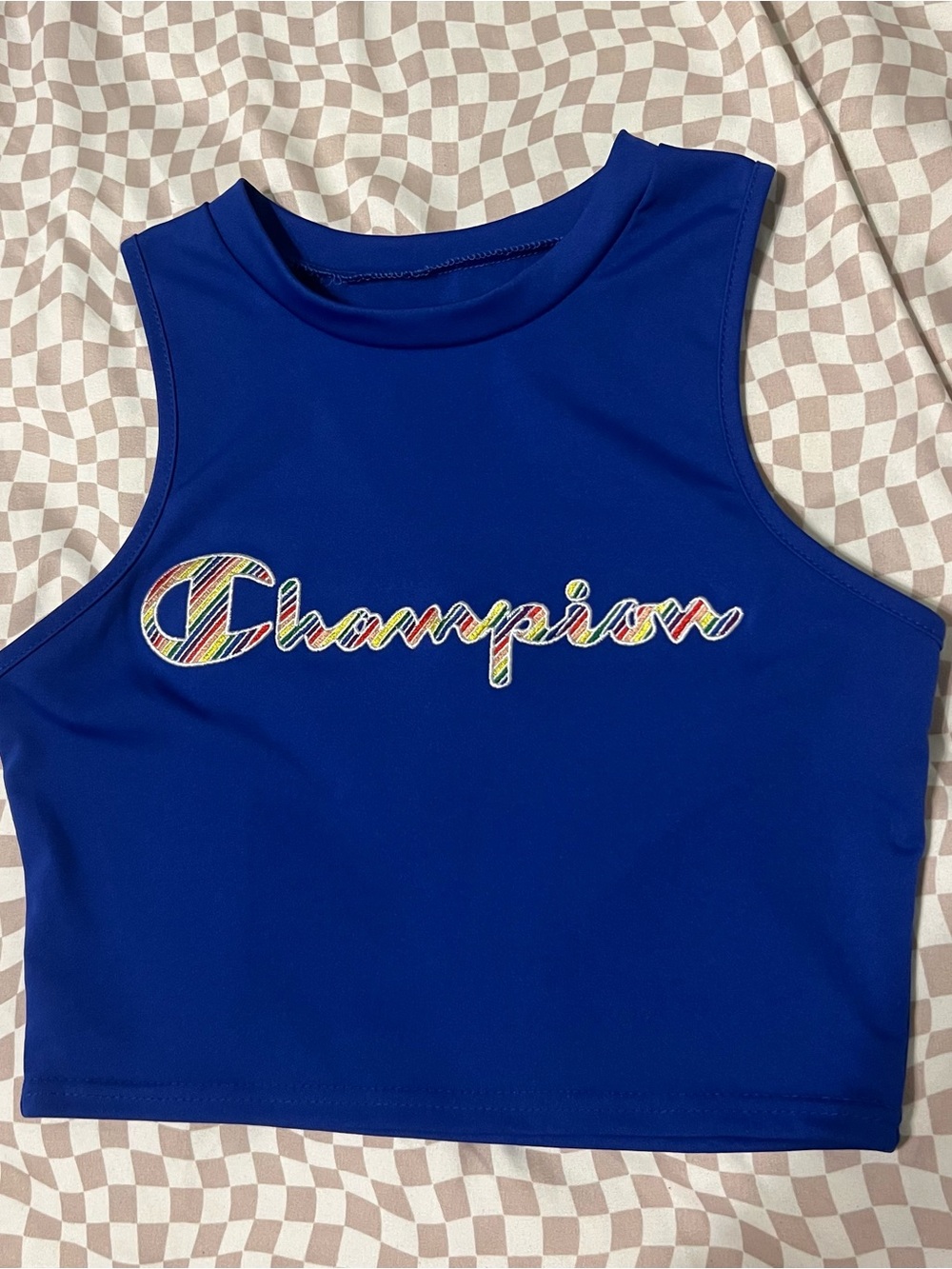 vintage Champion royal blue and rainbow embroidered tank top